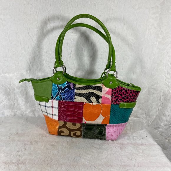 Fashion Handbag Multi Color Block style Bright Green Trim Jacquard - Picture 4 of 14